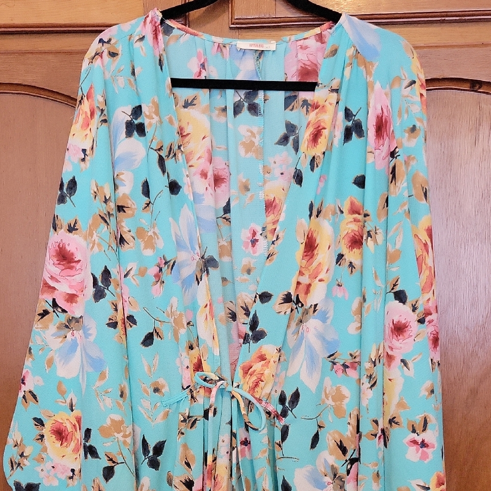 Hummingbird Floral Tunic in Aqua and Pink